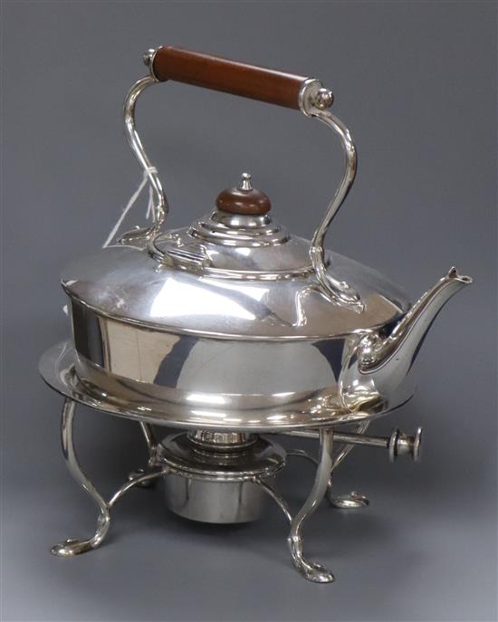 A George V silver tea kettle on stand with plated burner, Horace Woodward & Co Ltd, London, 1911, gross 26 oz.